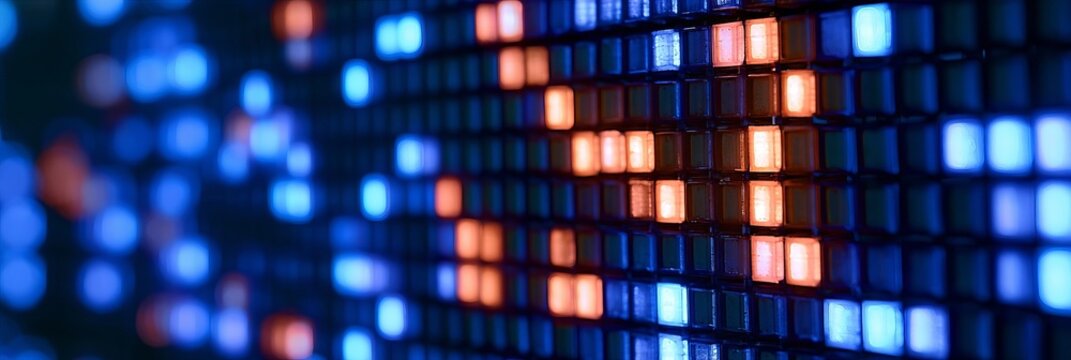 Abstract Background Featuring A Pixelated Grid Displaying Dynamic Glowing Blue And Orange Led Lights