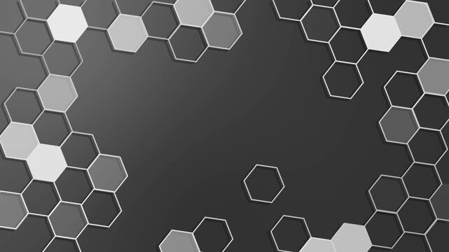 Honeycomb geometric frame on dark background animation, Background with hexagonal honeycomb pattern framing corners and edges