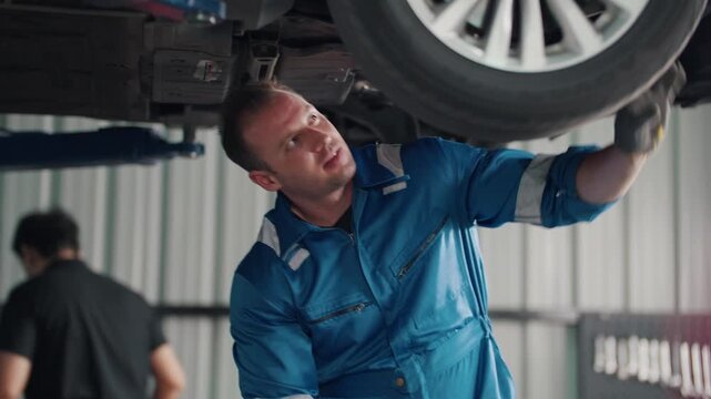 Mechanic inspects car underside with focused expression. Second technician observes closely, hands raised in support