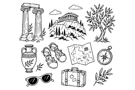 Greek Travel and Culture Doodle Icon Set &ndash; Black and White Line Art of Parthenon, Olive Tree, Map, Compass, and Ancient Ruins