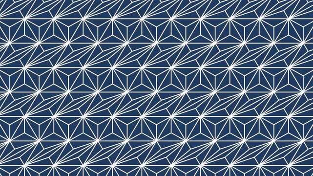 Asanoha hemp leaf Japanese pattern white lines on indigo blue, seamless loop motion background 4K, slow vertical drift, traditional wagara geometric animation