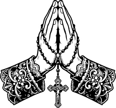 Hands folded in prayer. Praying hands with holy rosary beads | Vintage monochrome black and white illustration of prayer position isolated on transparent backg