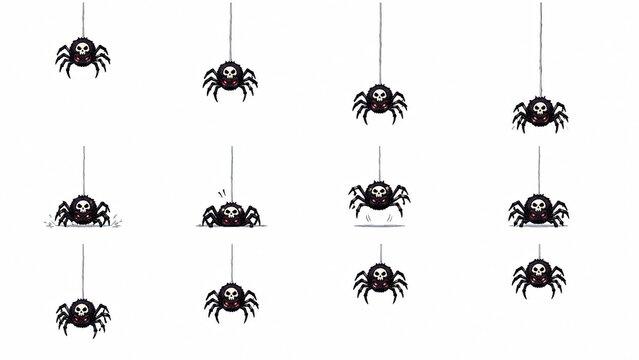 Seamless pattern of cartoon black spiders hanging from thin vertical strings on a white background.