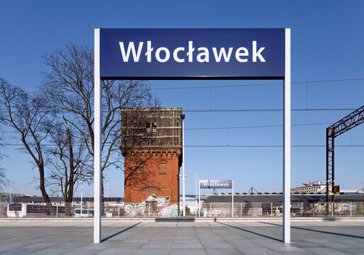 Wloclawek, Poland - March 9, 2026. Wloclawek train station name sign.