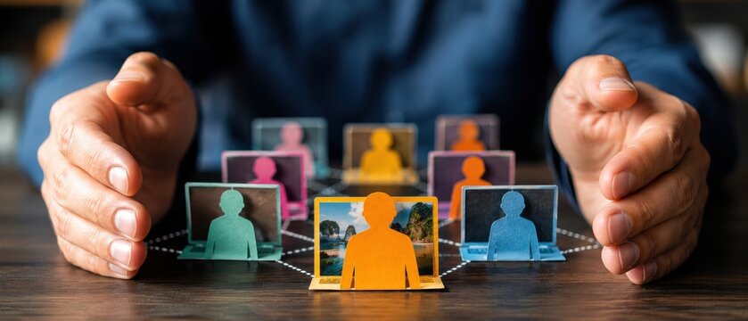 hands protecting connected paper people with laptops, concept of secure remote work, digital collaboration and workforce management