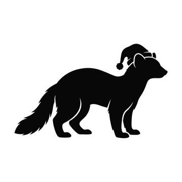 Christmas Day, Christmas ferret silhouette wearing Santa hat, festive marten vector icon, holiday weasel animal graphic for winter designs isolated on White Background