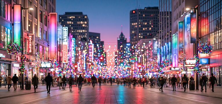 At dusk, colorful lights and neon signs frame bustling pedestrians on a lively urban street adorned with holiday decorations.
