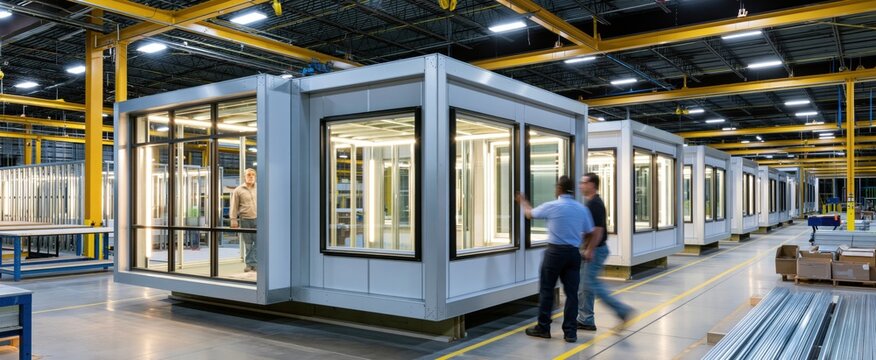 Factory workers assembling modern modular housing units in a clean, well-lit industrial facility.