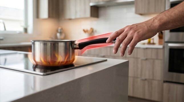hand reaching to touch a hot pot handle on a stove with a red warning heat