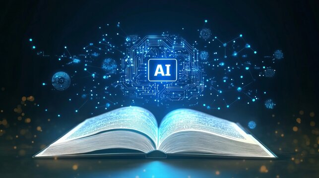 Futuristic Concept of Artificial Intelligence Glowing Tech Board Above Open Old Book, Innovation