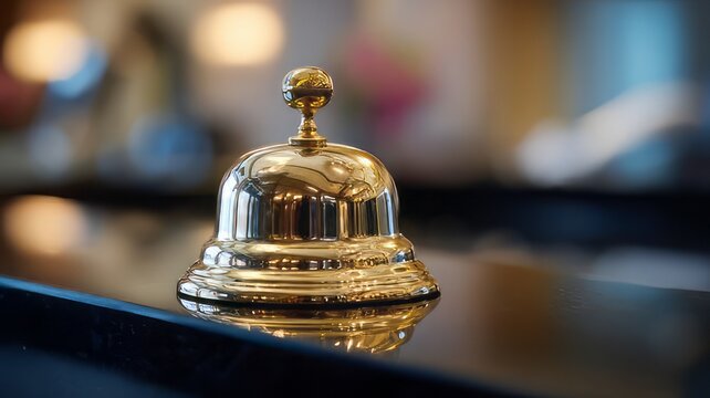 Vintage brass hotel service bell on reception desk, classic concierge call bell in luxury lobby, elegant hospitality counter accessory