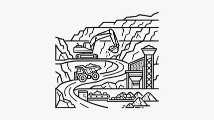 Naklejka premium Mining Operations Illustrated with Heavy Machinery and Processing Plant