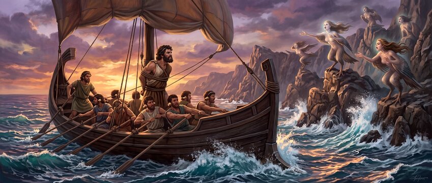 Odysseus ship sailing past the mythological Sirens