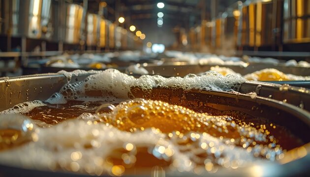 Industrial Brewing Process: Close-up of Fermenting Golden Liquid with Foam in Stainless Steel Tanks at a Brewery