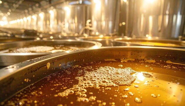 Industrial brewing tanks with golden liquid and foam, close-up view