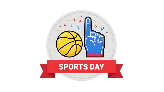 Basketball sports day badge with orange ball and blue foam finger. Red ribbon banner. Flat vector illustration on white background