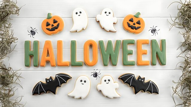 Halloween sugar cookies on white wood. Iced cookies shaped like pumpkins ghosts and bats. Festive holiday treats for autumn celebrations