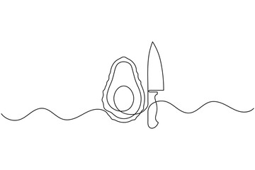 Obraz premium Avocado fruit with chef knife continuous one line drawing minimalist vector illustration