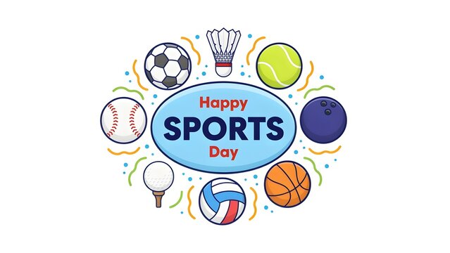 Happy Sports Day illustration with athletic equipment. Flat vector icons for soccer tennis basketball and baseball. Colorful sports celebration