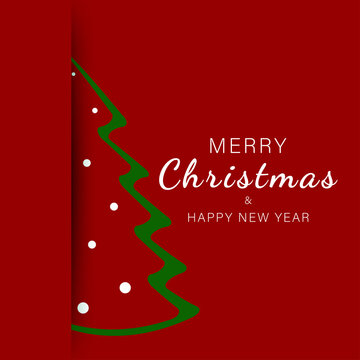 Festive Christmas and New Year greeting card with green Christmas tree, white ornaments and elegant typography on a red background.