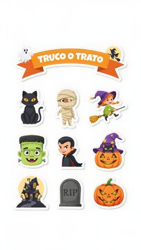 Halloween sticker set with Truco o Trato banner. Features black cat mummy witch vampire Frankenstein and carved pumpkins on white background