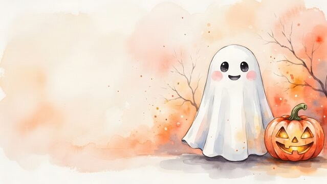 Halloween ghost and pumpkin watercolor illustration. Friendly white ghost standing next to a carved jack-o-lantern in an autumn landscape