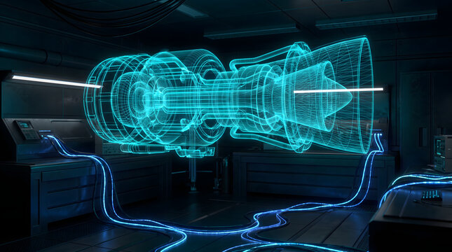 Futuristic UI concept of a glowing 3D holographic blueprint schematic of a complex spaceship engine