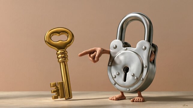 Shiny golden key and silver padlock standing on table having comical argument with key pointing accusing finger at lock