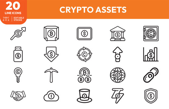 Asset blockchain, vault, transaction, mining, currency. Editable stroke. Vector illustration.