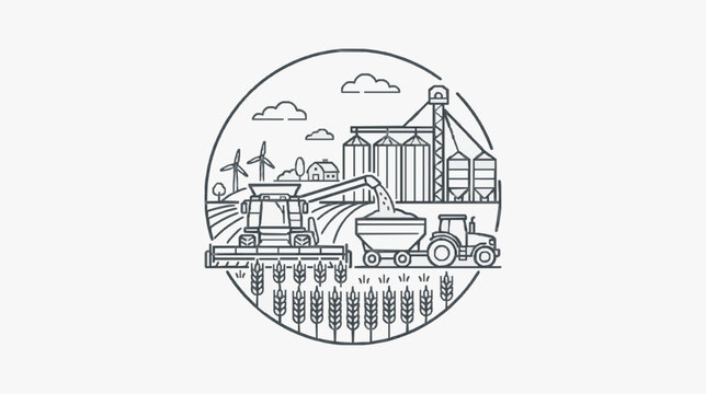 Harvesting wheat with modern agricultural machinery and storage silos