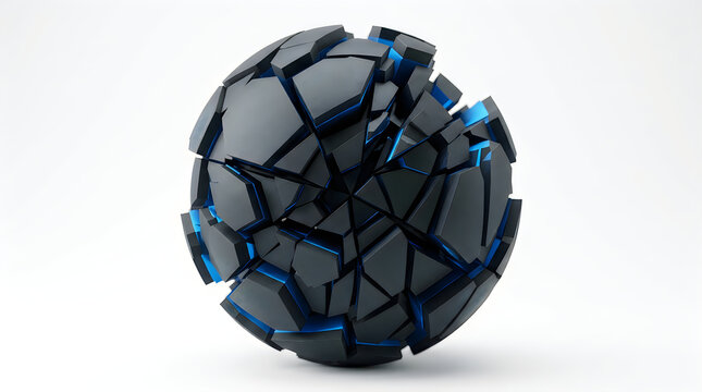 Fractured geometric sphere with cracked black and blue reflective surfaces in 3d rendering style