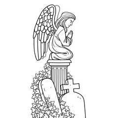 Fototapeta premium Statue of an angel on an ivy-covered column, with tombstones nearby outlined for coloring page