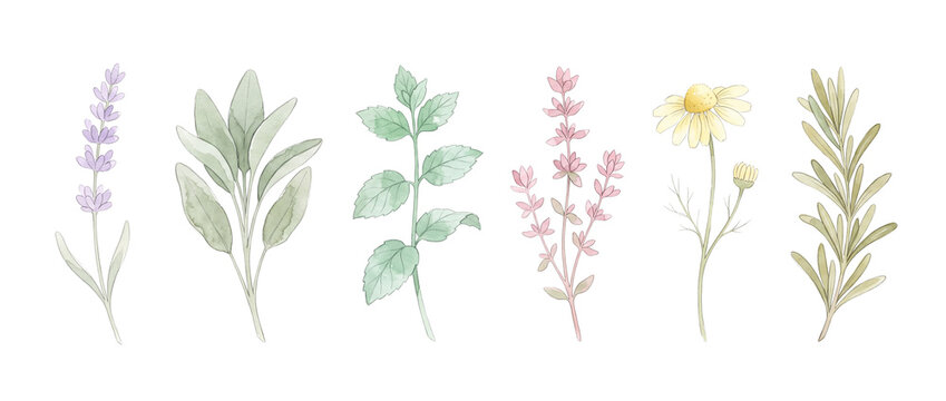 Watercolor Herb Illustrations Set Lavender Mint Sage Thyme Chamomile Rosemary Botanical Elements Isolated on Black Background for Design Packaging Tea Wellness Cosmetic Organic Floral Deco Concept