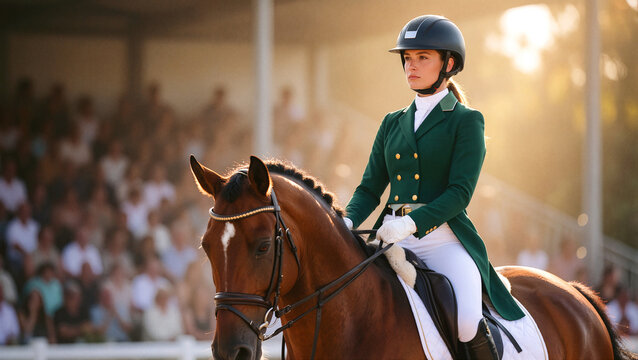 Elegant Female Dressage Rider in Green Tailcoat Competing on a Brown Horse in an Outdoor Arena at Golden Hour