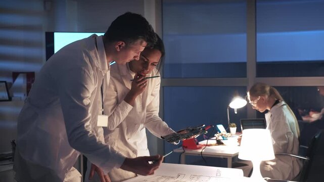 Three electronics engineers in white lab coats collaborate on circuit board and schematics in a modern nighttime research laboratory setting with advanced technical equipment.