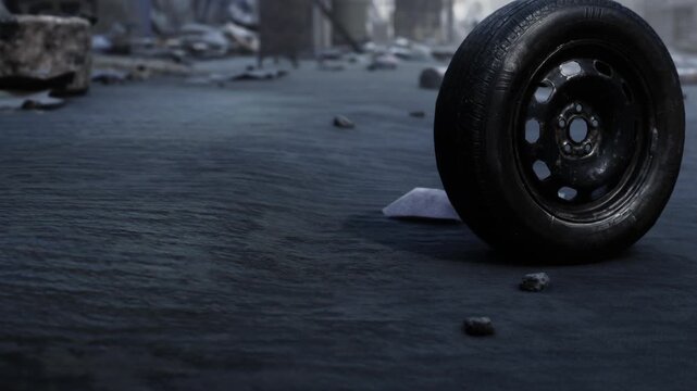 A tire sits on a ruined street filled with scattered rocks and debris. The setting appears abandoned and worn, suggesting a recent event or disaster.