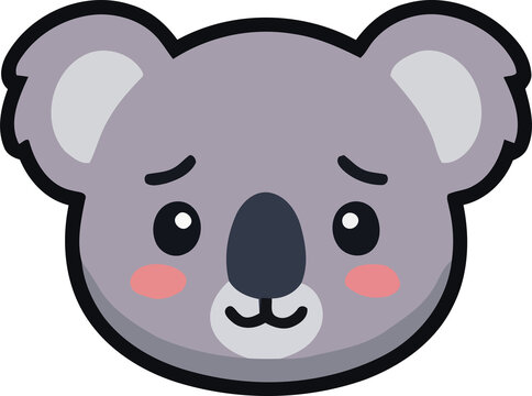 Cute cartoon koala face icon with a shy expression and rosy cheeks isolated on a white background