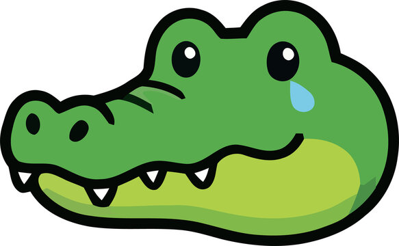 Cute cartoon alligator head icon with a single tear drop isolated on a white background
