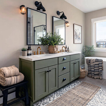 Serene modern farmhouse bathroom oasis featuring a double vanity with gold fixtures and lush greenery