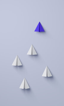 Blue paper plane leading group of white planes