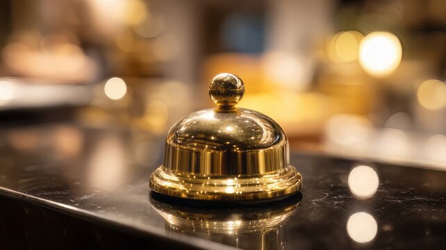 Golden hotel service bell on marble counter. Luxury reception desk call bell. Elegant hospitality concierge service concept.