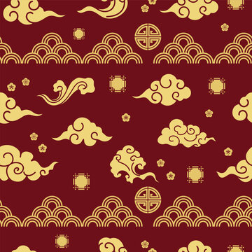 Chinese New Year seamless pattern with golden oriental clouds, waves, and traditional ornaments on red background. Festive Asian lunar new year illustration.