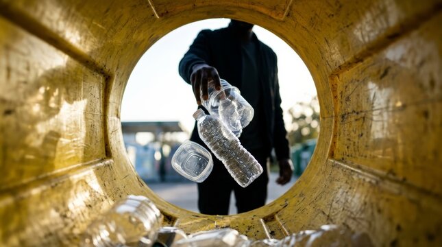 A person throws plastic waste into a yellow container, showing hands sorting recycling wastem rubbish from an inside view to promote eco-friendly habits and sustainability