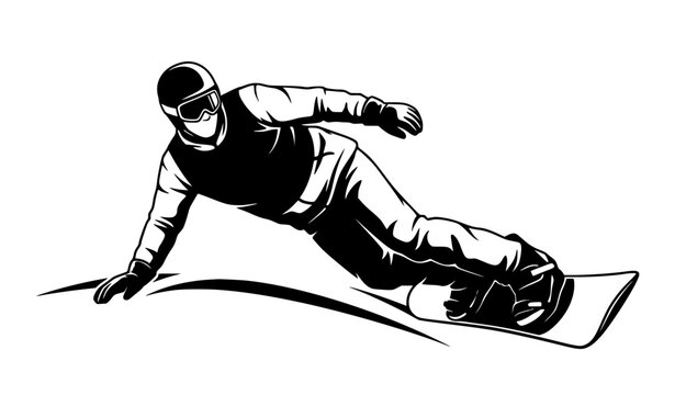 Dynamic snowboarder carving downhill in black and white vector illustration