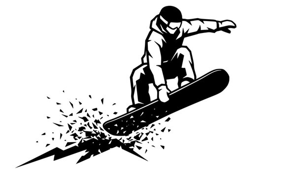 Snowboarder making a powerful powder turn black and white vector illustration