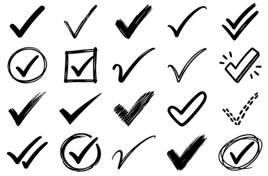 Hand drawn check mark icon collection featuring various creative styles shapes and artistic textures in black ink isolated for professional design projects on transparent background
