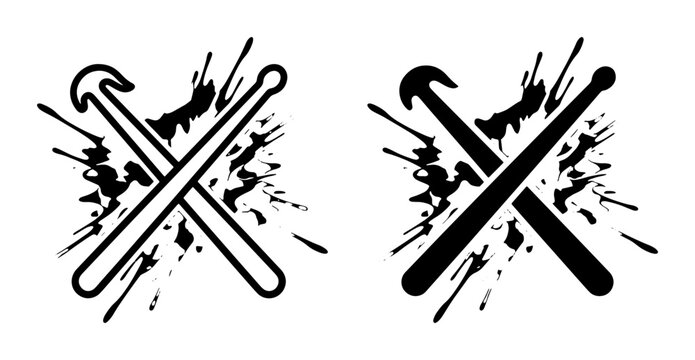 Crossed Drumsticks Vector Icons, Rock Music Beat Symbol, Percussion Instrument Graphics, Black and White Splatter Art