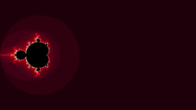 An abstract digital motion graphic revealing a classic Mandelbrot set fractal. Intricate, glowing red and yellow boundaries contrast sharply against a solid black core and a deep burgundy background, 