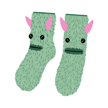 Fluffy monster socks with horns and button eyes naive indie vector illustration isolated on white background