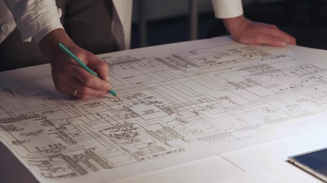 Man wearing light shirt writing with green pencil on detailed technical schematic at desk in a clean, professional office setting during daytime.